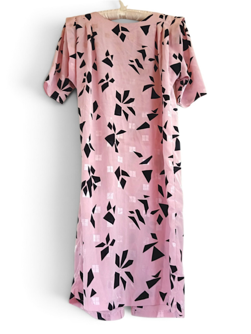 Vintage dawn joy Pink Black Geometric Print day dress lightweight midi retro 80s